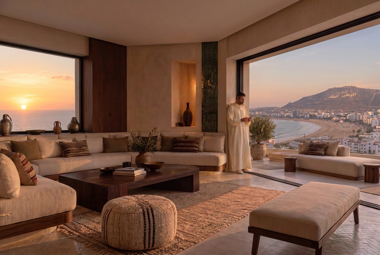 Salon marocain contemporain, propriétaire en fouqiya consultant son téléphone et vue sur la baie d’Agadir