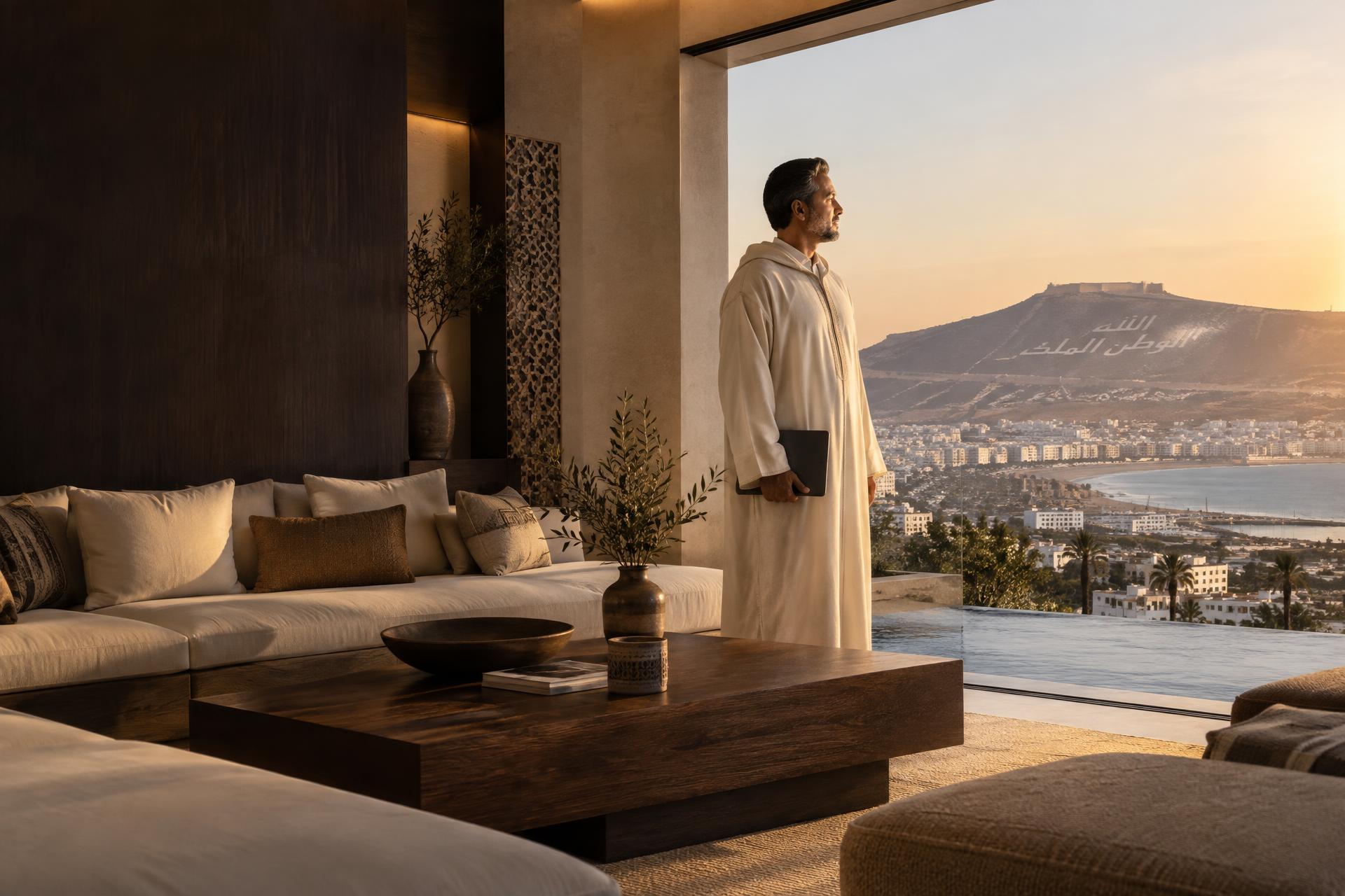 Propriétaire marocain en fouqiya suivant son logement à distance avec vue sur Agadir